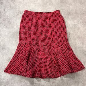 Red Abstract Grid Ruffled Midi Skirt
